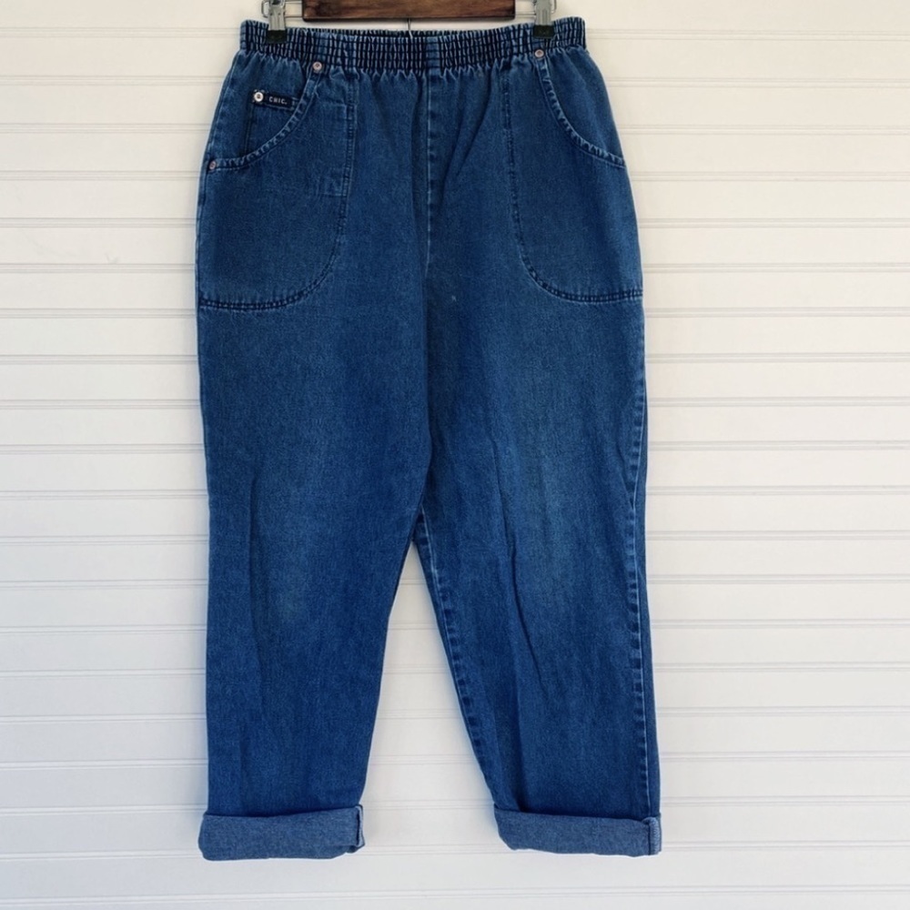 Chic Pull On Jeans 14 Petite Vintage High Waist Elastic Tapered Leg Medium Wash